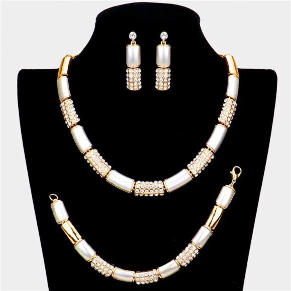 3 Piece Rhinestone Embellished Metal Rectangle Link Necklace Jewelry Set